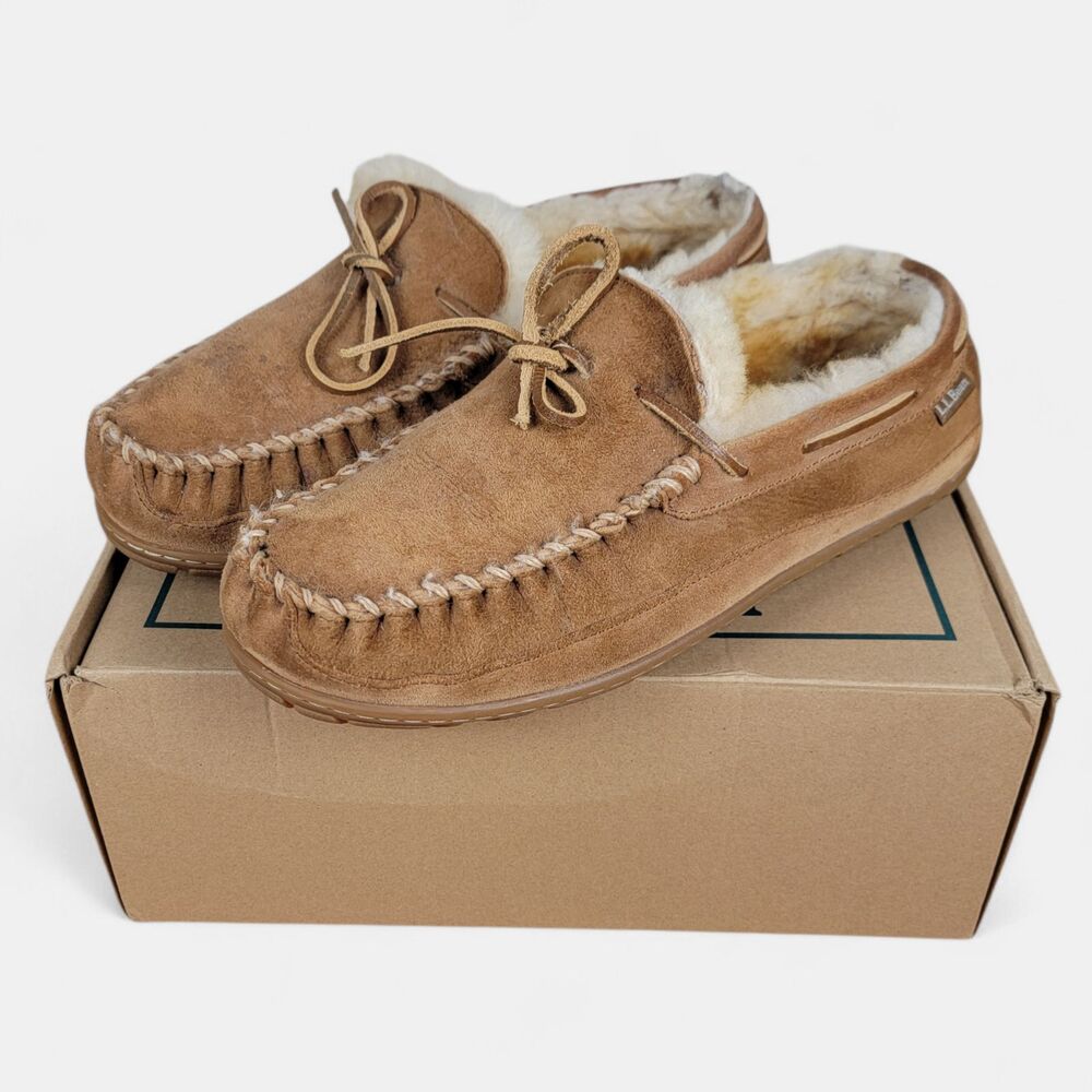 L.L.Bean Wicked Good Moccasins Slippers Men's 10 EE Wide Brown Shearling-Lined